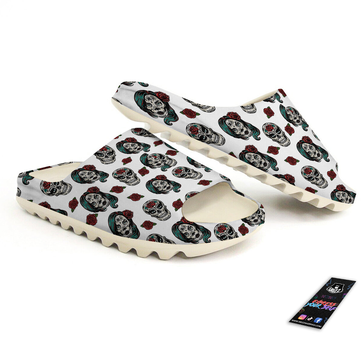 Sugar Skull White Floral Print Pattern Sandals-grizzshop