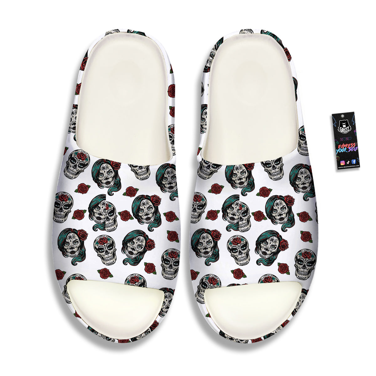 Sugar Skull White Floral Print Pattern Sandals-grizzshop