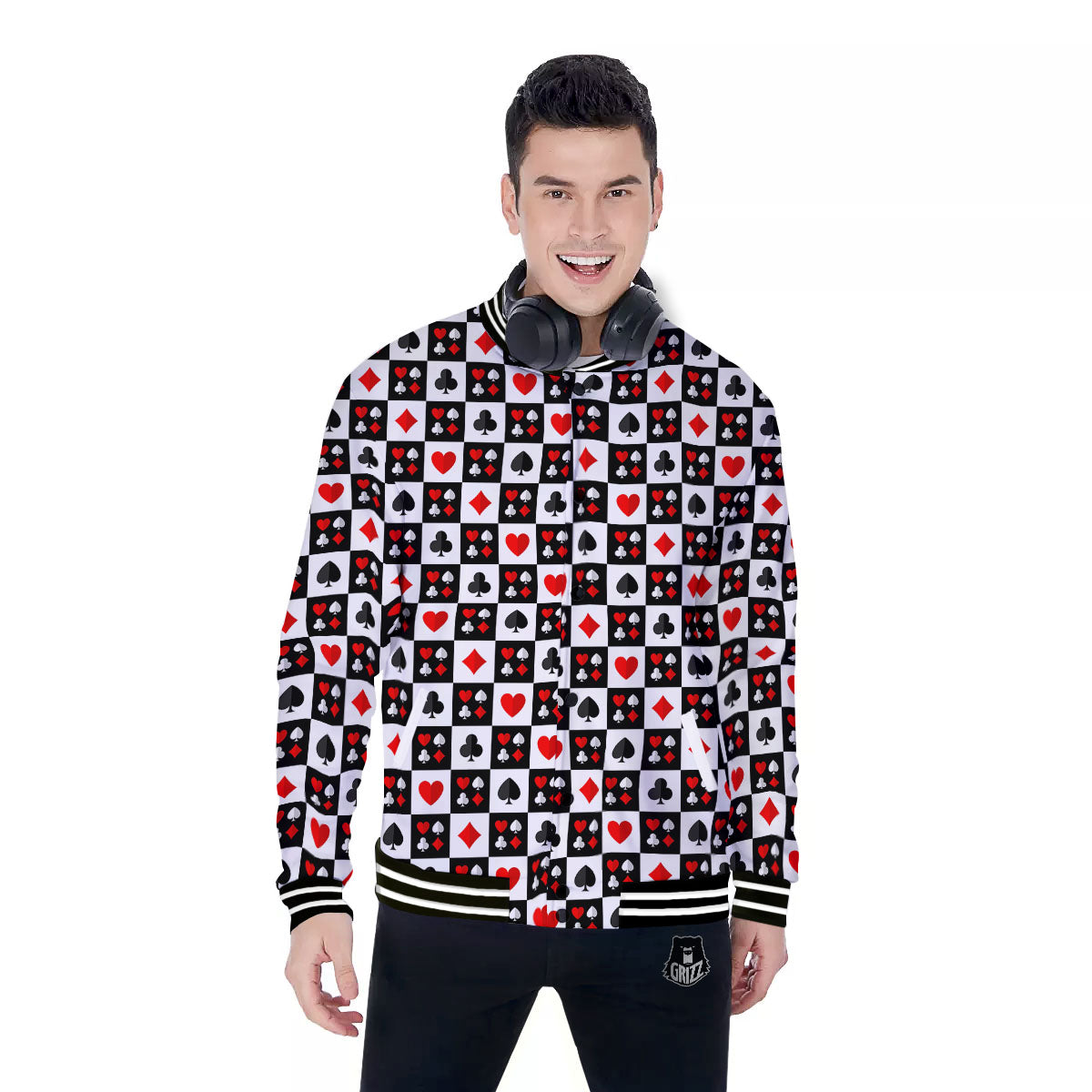 Suits Check Playing Card Print Pattern Baseball Jacket-grizzshop
