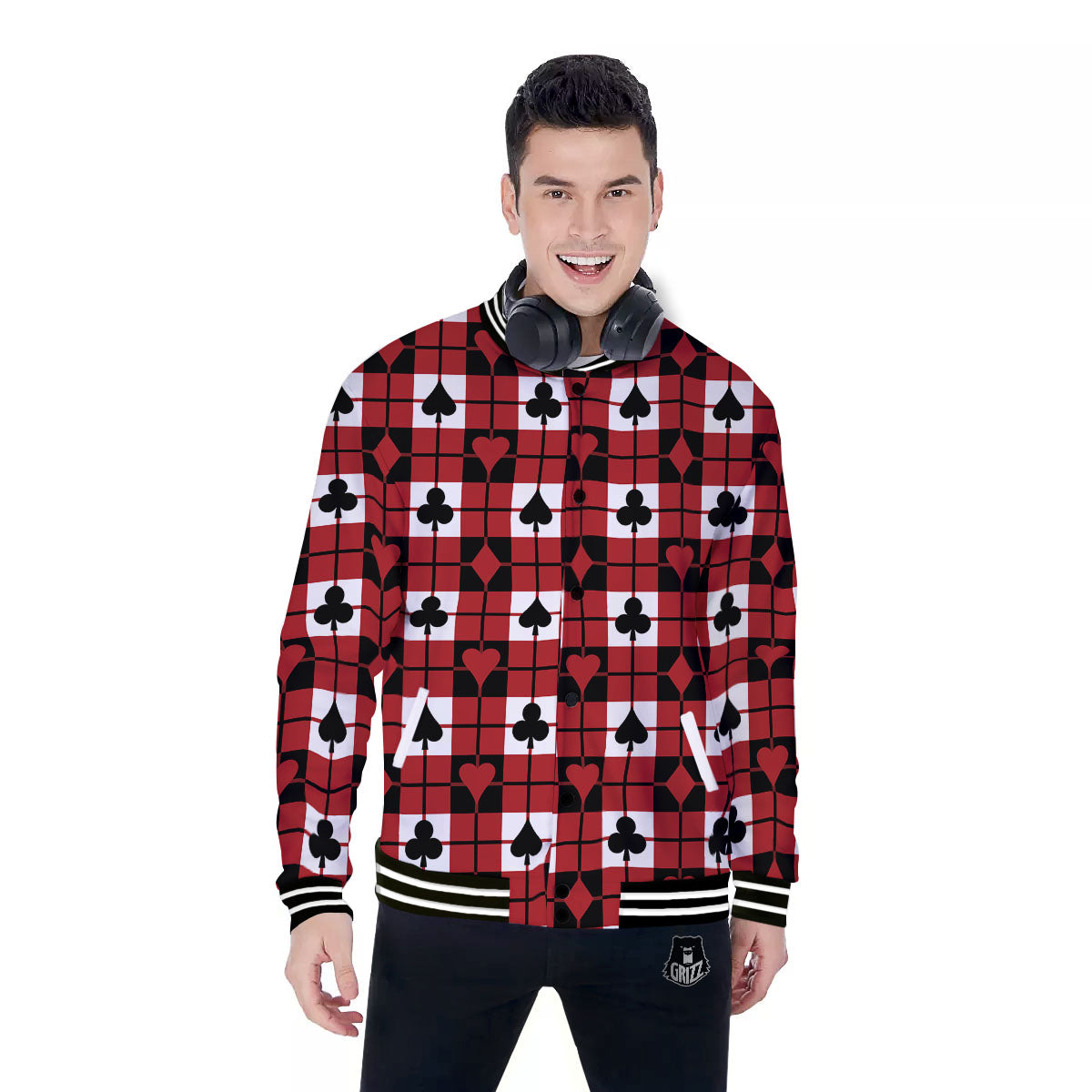 Suits Plaid Playing Card Print Pattern Baseball Jacket-grizzshop