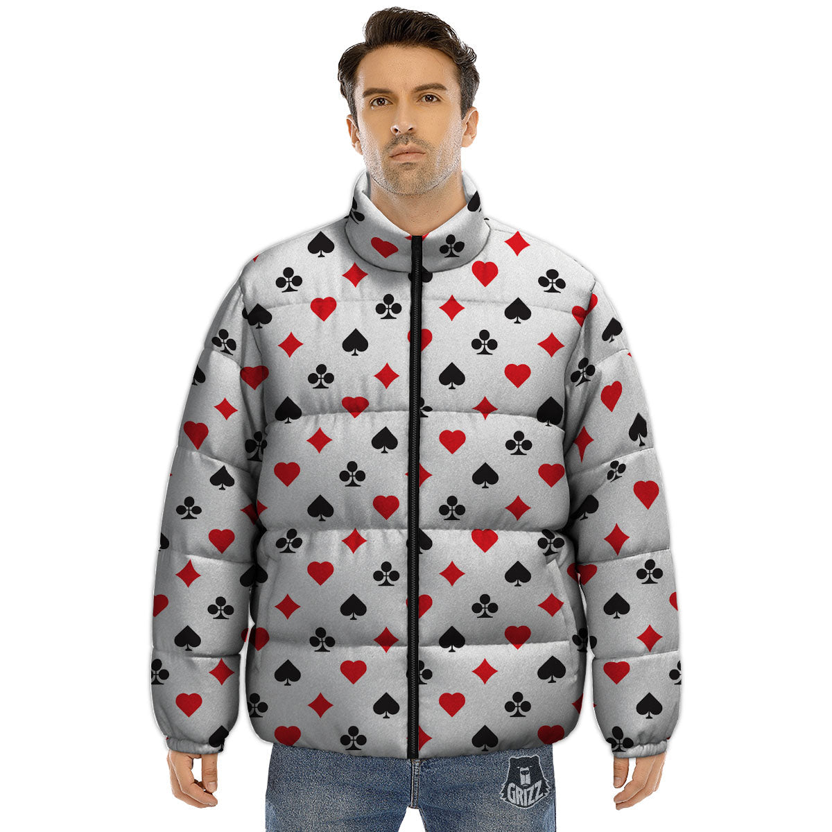 Suits Playing Card Print Pattern Puffer Jacket-grizzshop