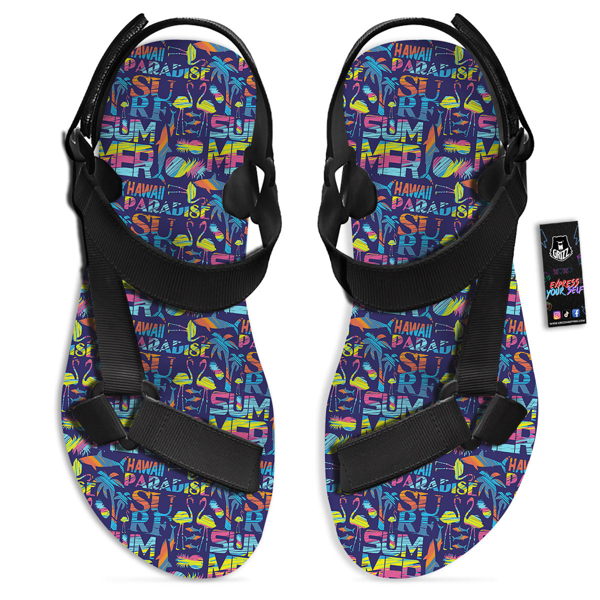 Summer Surfing Colorful Print Pattern Black Open Toe Sandals-grizzshop