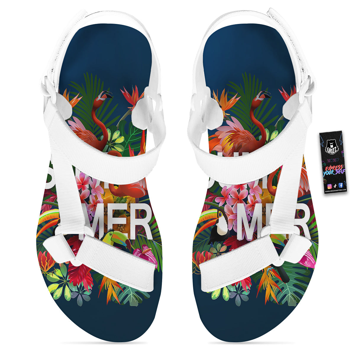 Summer Tropical Birds And Flowers For Travel Print White Open Toe Sandals-grizzshop