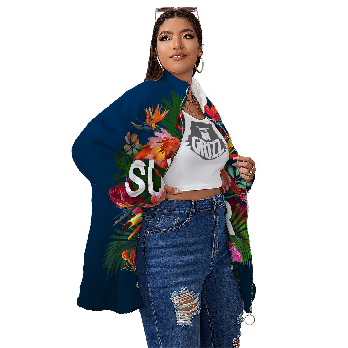 Summer Tropical Birds And Flowers For Travel Print Women's Sherpa Jacket-grizzshop