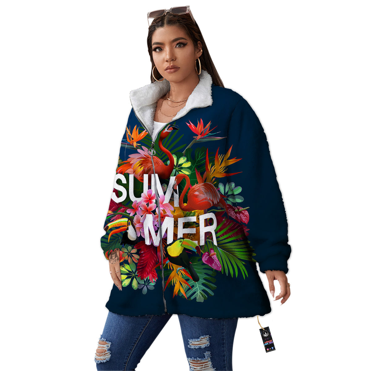 Summer Tropical Birds And Flowers For Travel Print Women's Sherpa Jacket-grizzshop