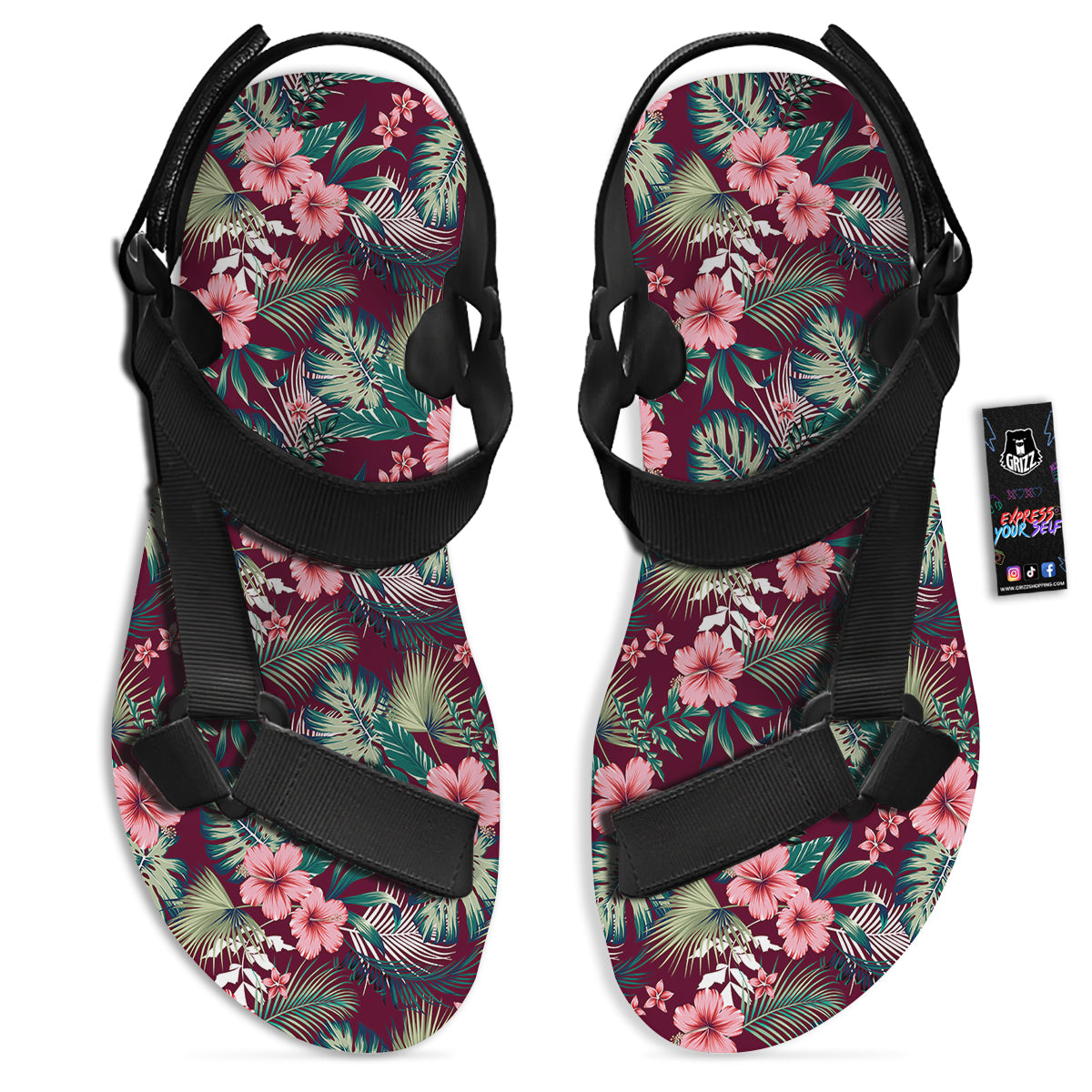 Summer Tropical Print Pattern Black Open Toe Sandals-grizzshop