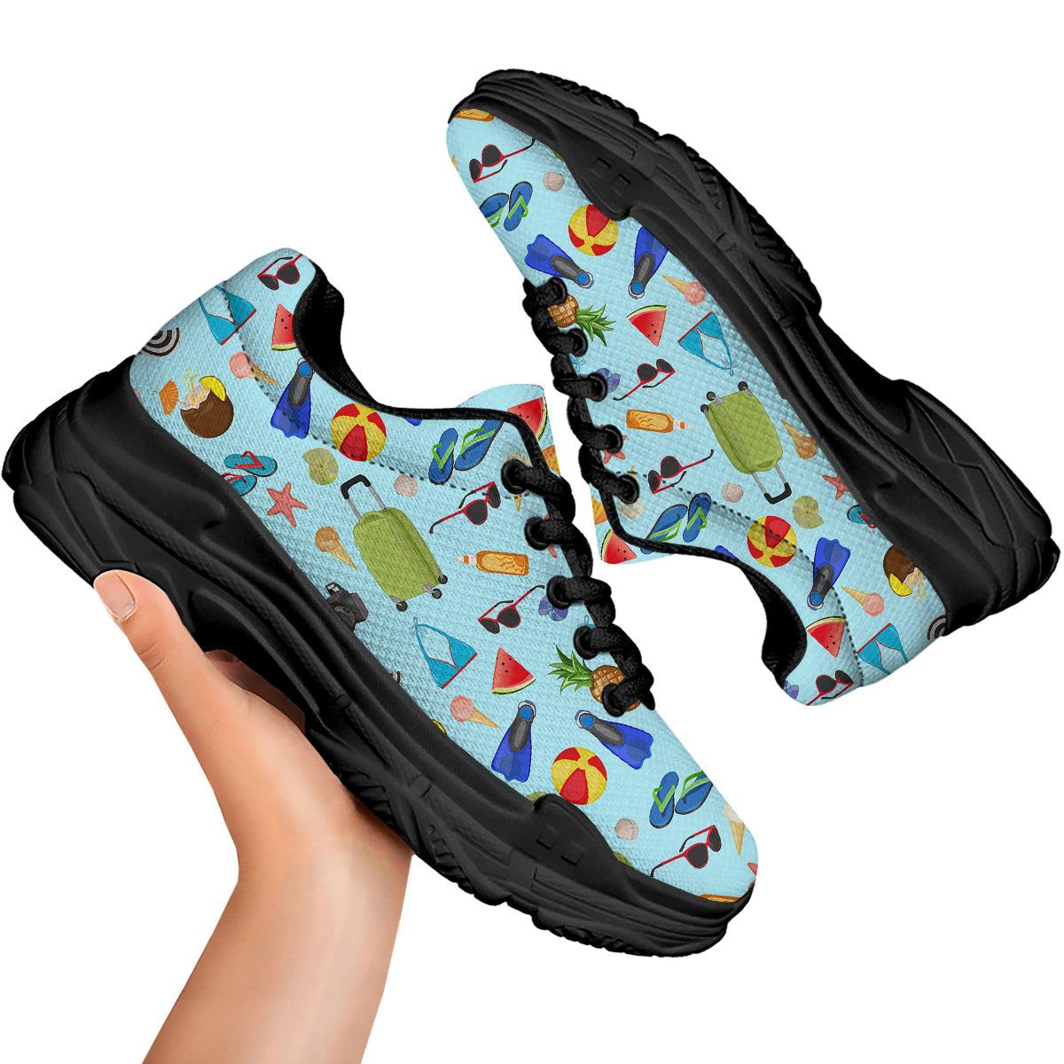 Summer Vacation Travel Print Pattern Black Chunky Shoes-grizzshop
