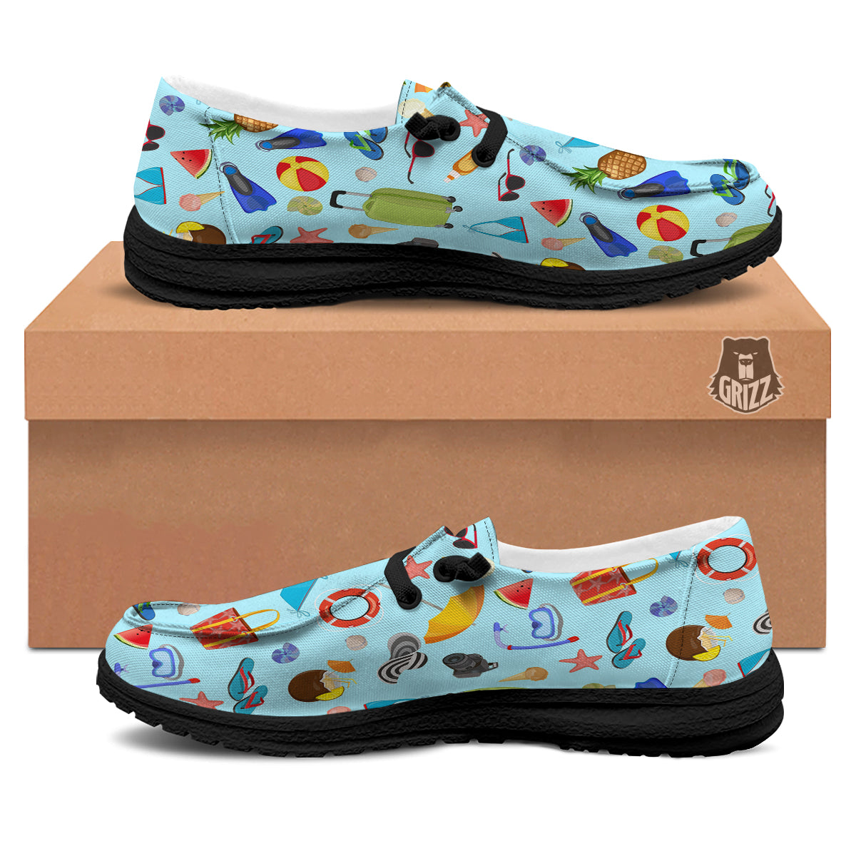 Summer Vacation Travel Print Pattern Black Loafers-grizzshop