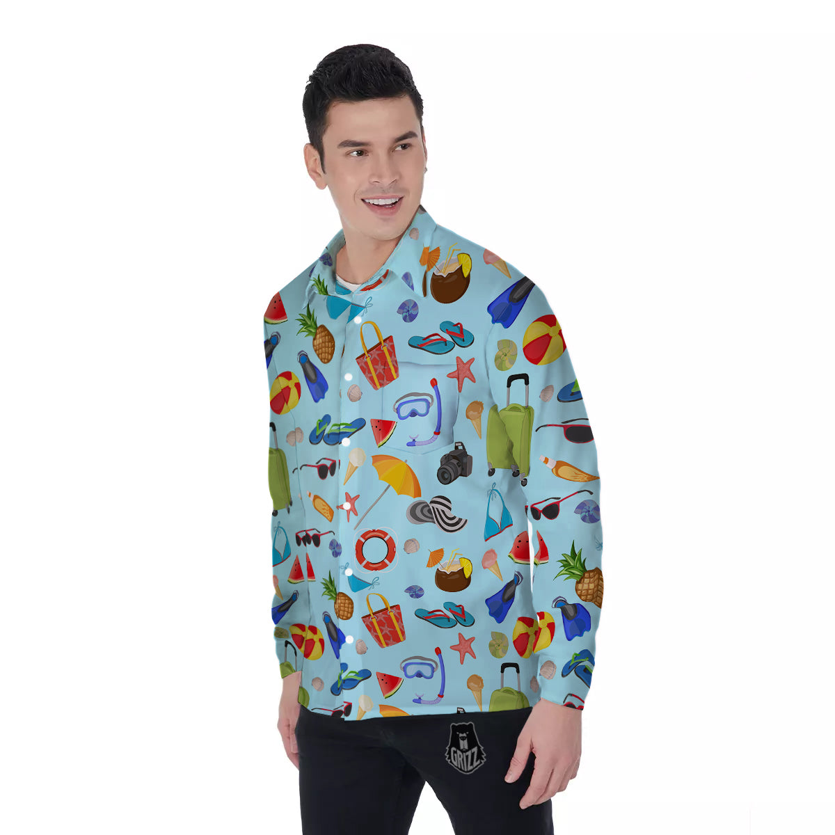 Summer Vacation Travel Print Pattern Men's Long Sleeve Shirts-grizzshop
