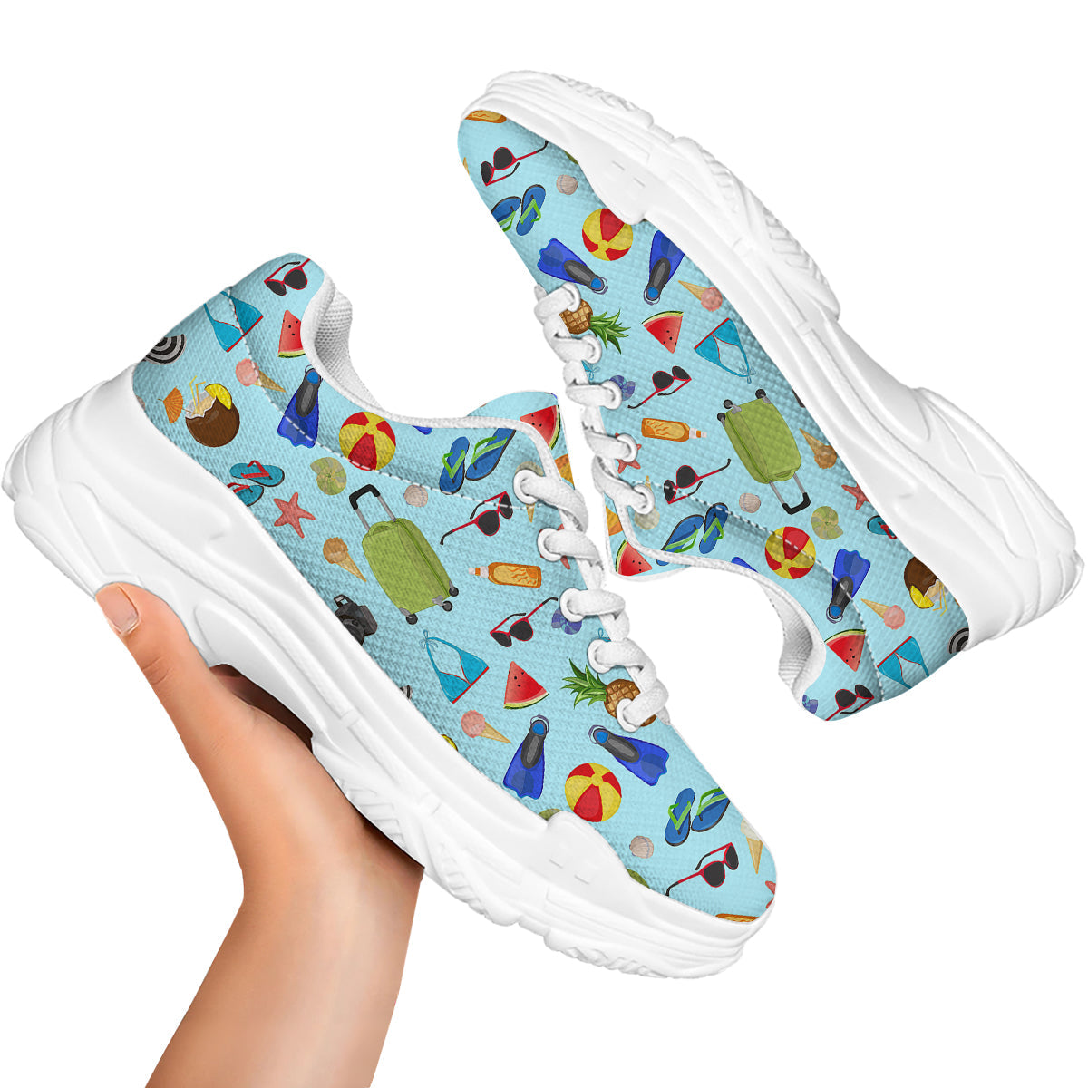 Summer Vacation Travel Print Pattern White Chunky Shoes-grizzshop