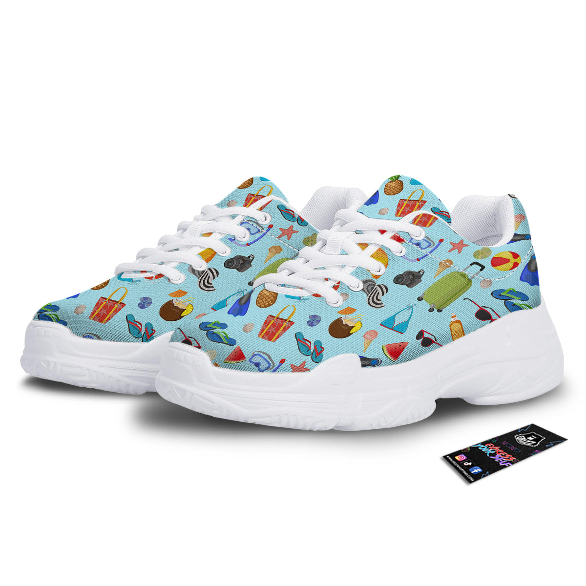 Summer Vacation Travel Print Pattern White Chunky Shoes-grizzshop