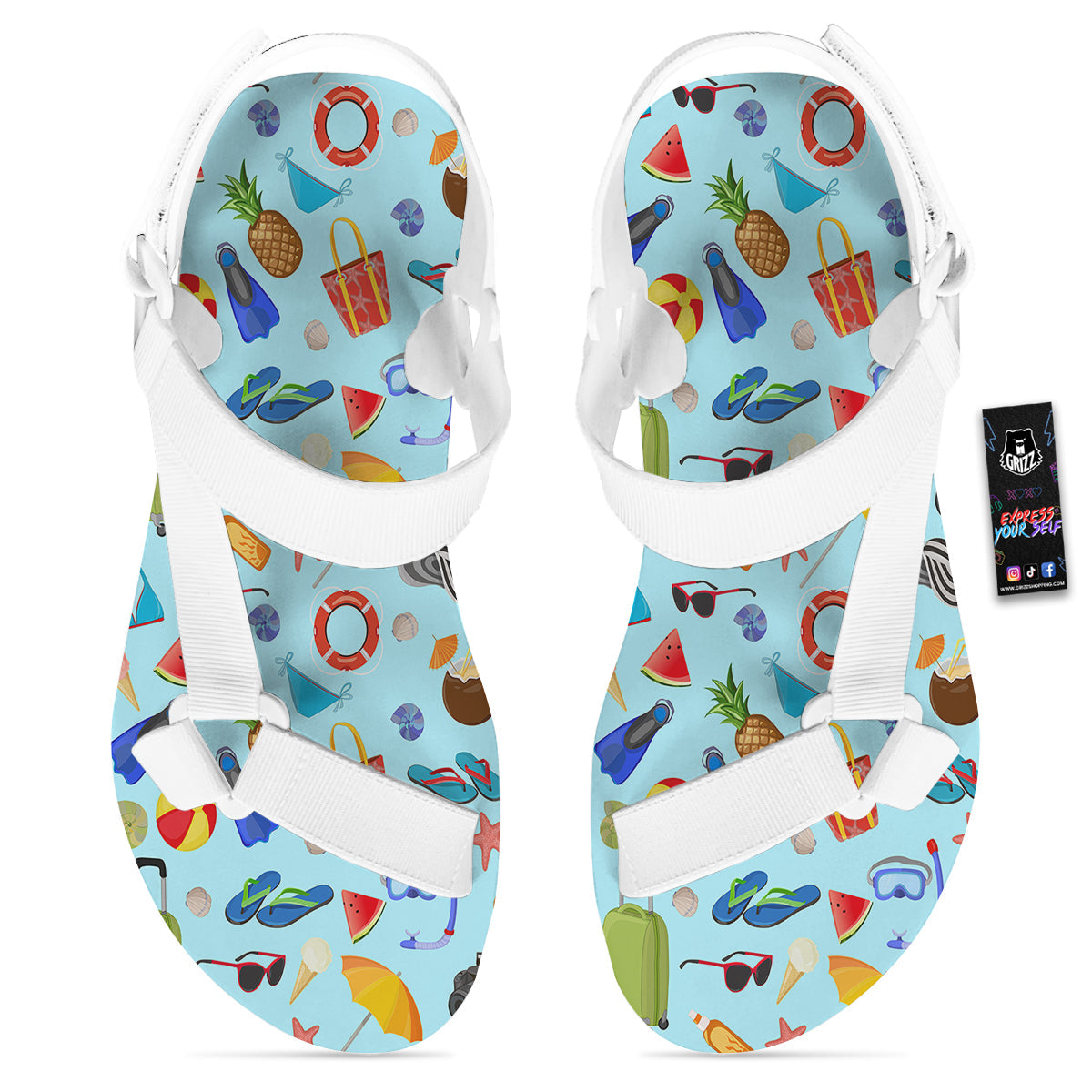 Summer Vacation Travel Print Pattern White Open Toe Sandals-grizzshop