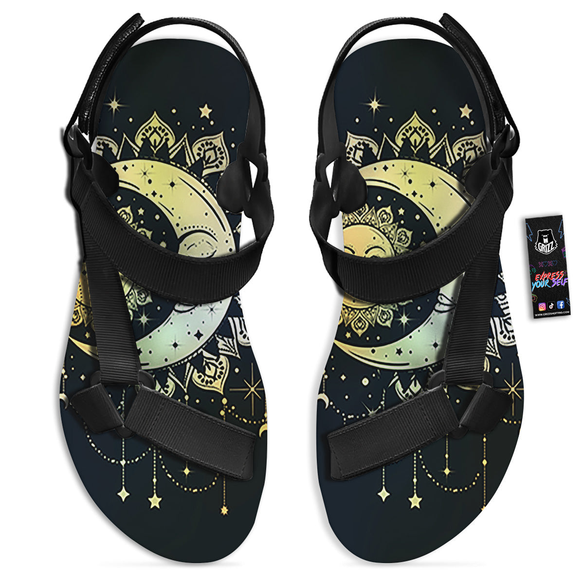 Sun And Bohemian Moon Print Black Open Toe Sandals-grizzshop