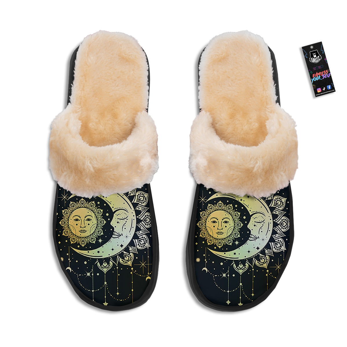 Sun And Bohemian Moon Print Slippers-grizzshop