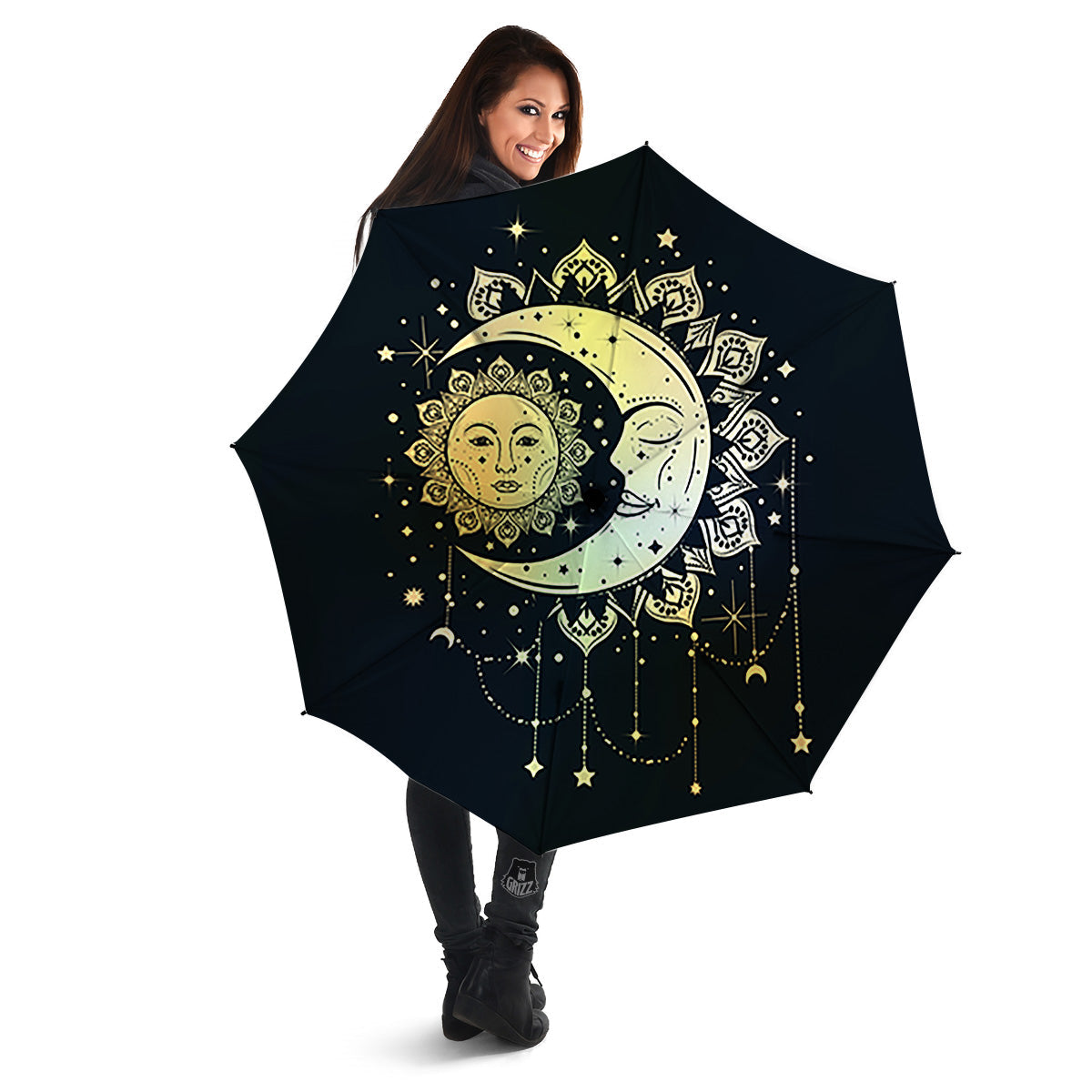 Sun And Bohemian Moon Print Umbrella-grizzshop