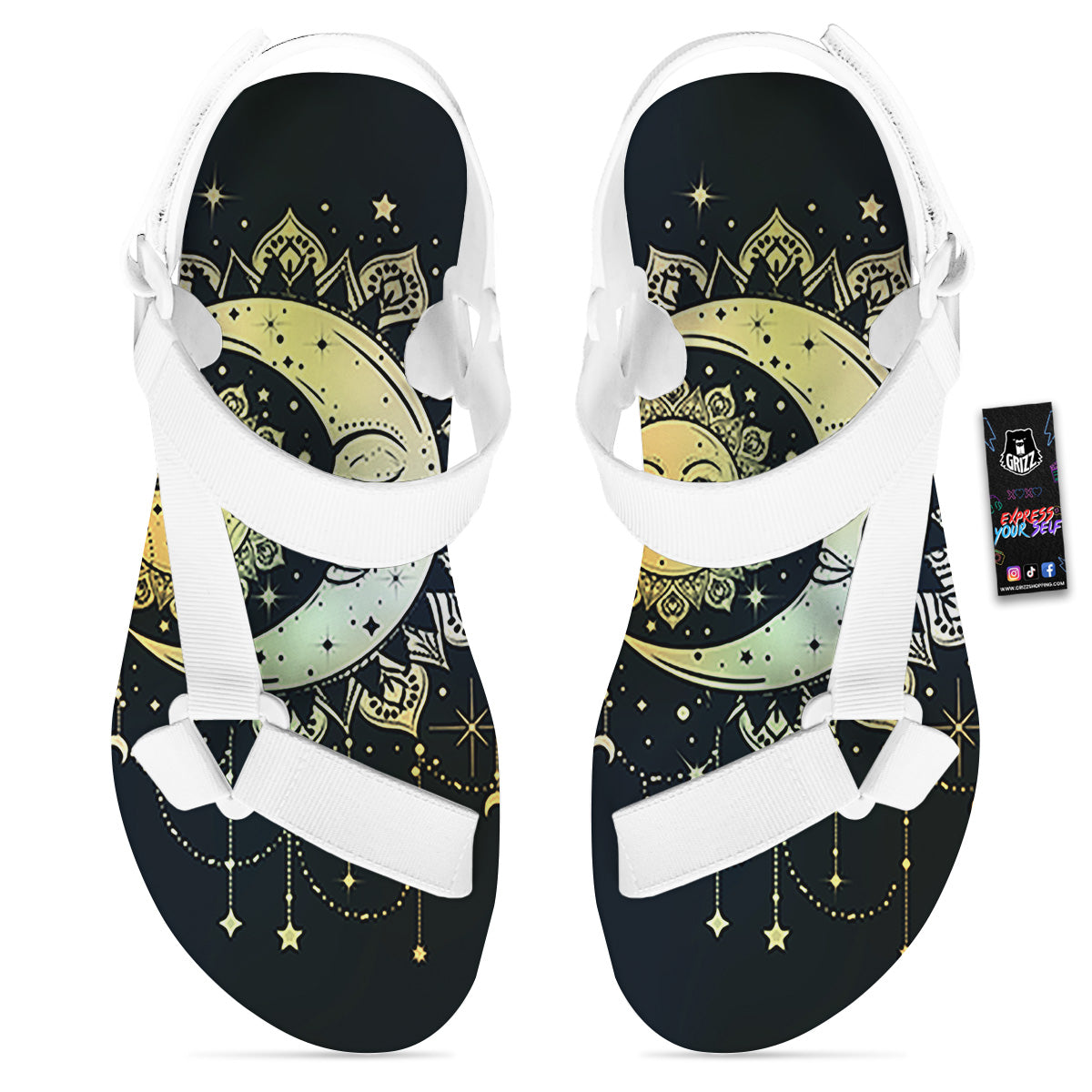 Sun And Bohemian Moon Print White Open Toe Sandals-grizzshop