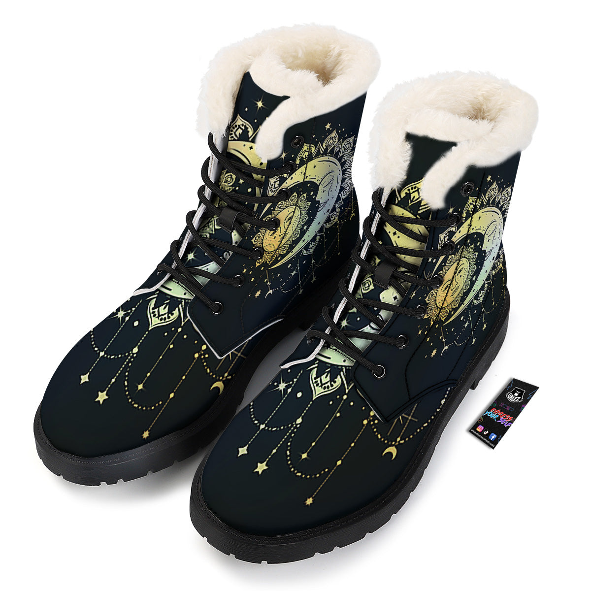 Sun And Bohemian Moon Print Winter Boots-grizzshop