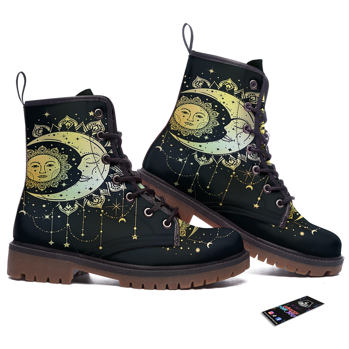 Sun And Bohemian Moon Print Work Boots-grizzshop