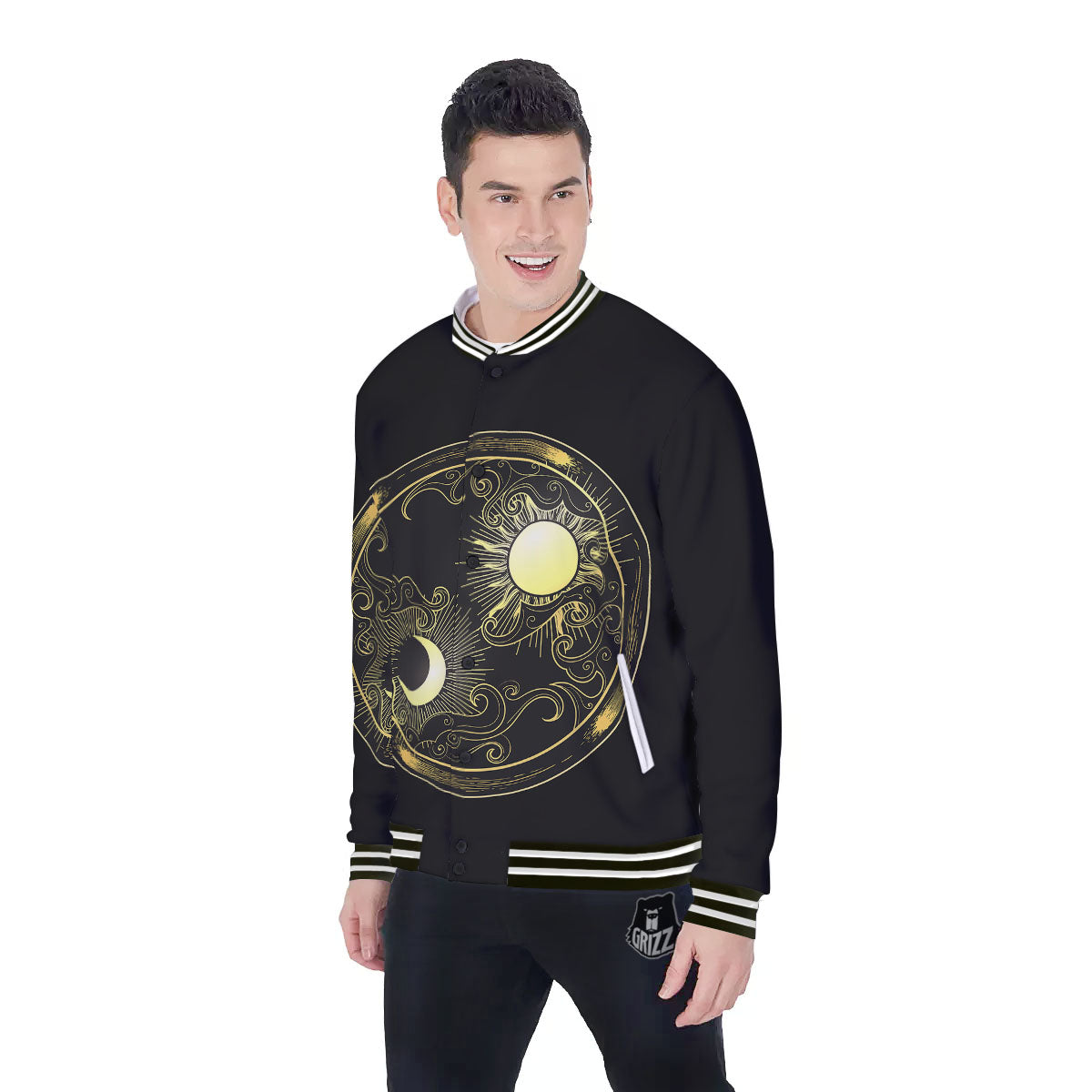 Sun And Gold Moon Print Baseball Jacket-grizzshop