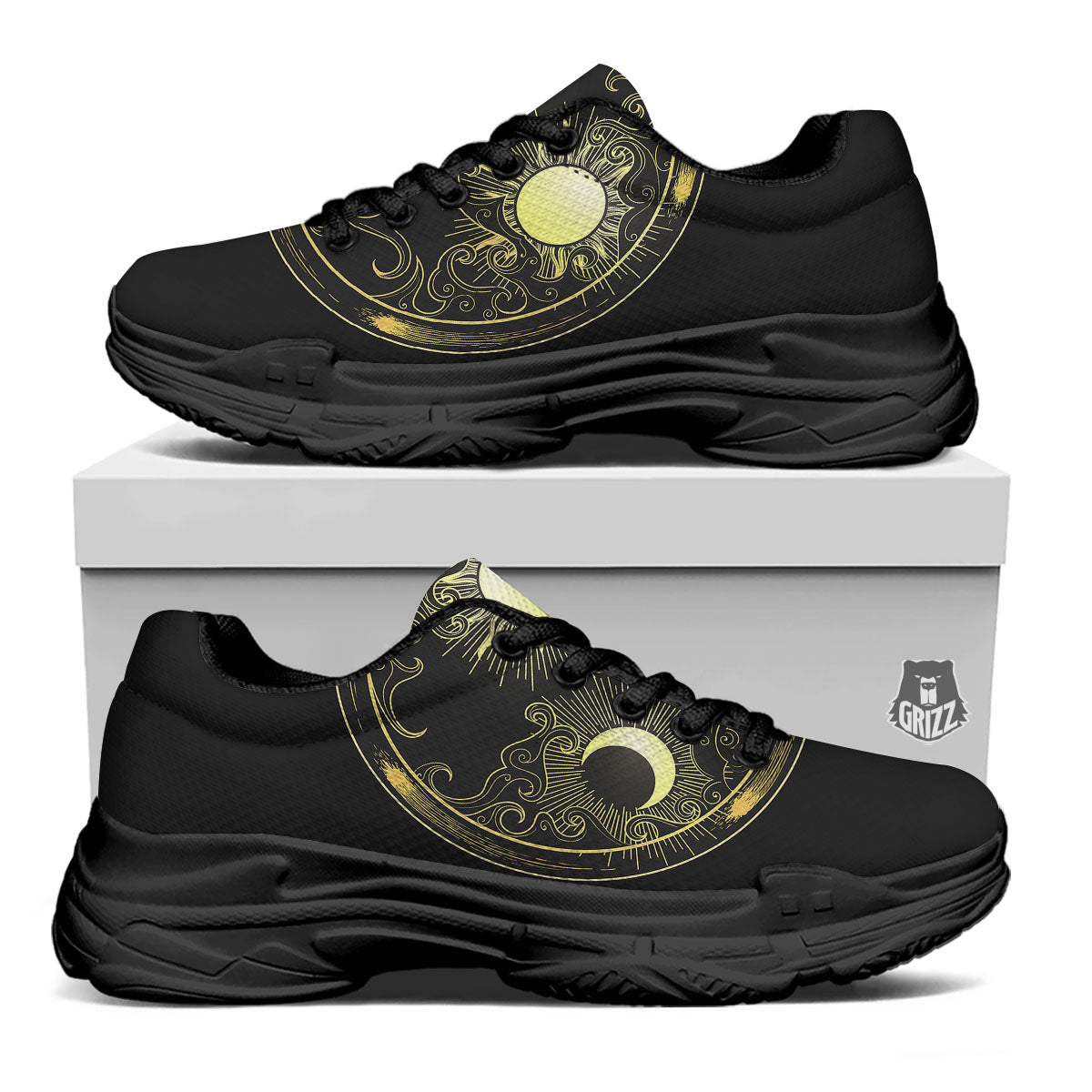 Sun And Gold Moon Print Black Chunky Shoes-grizzshop