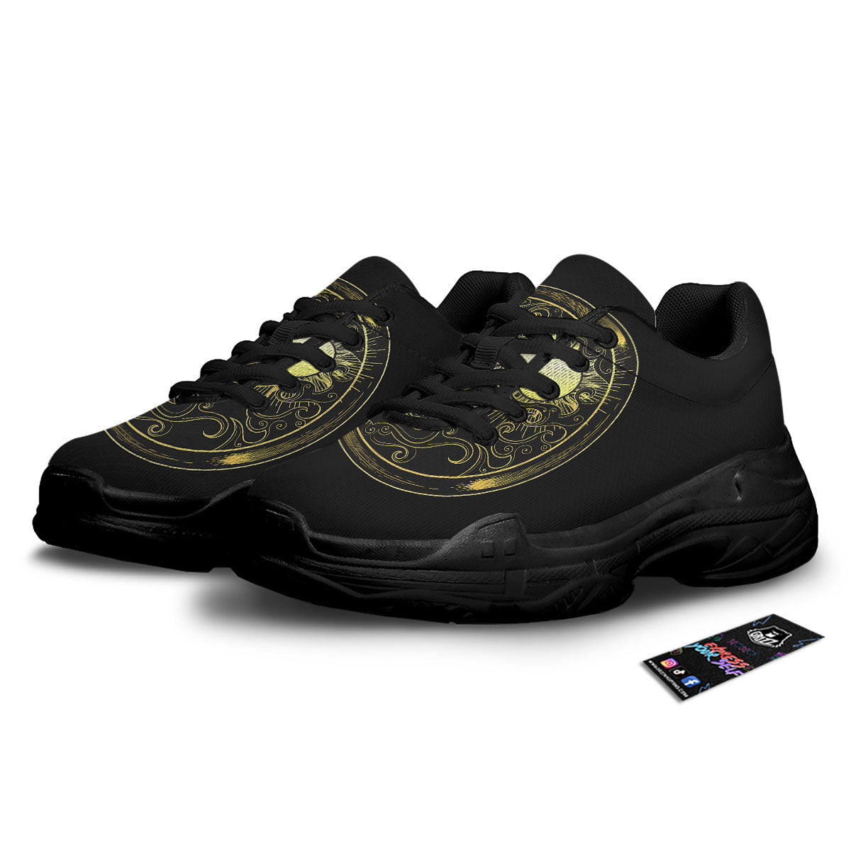 Sun And Gold Moon Print Black Chunky Shoes-grizzshop