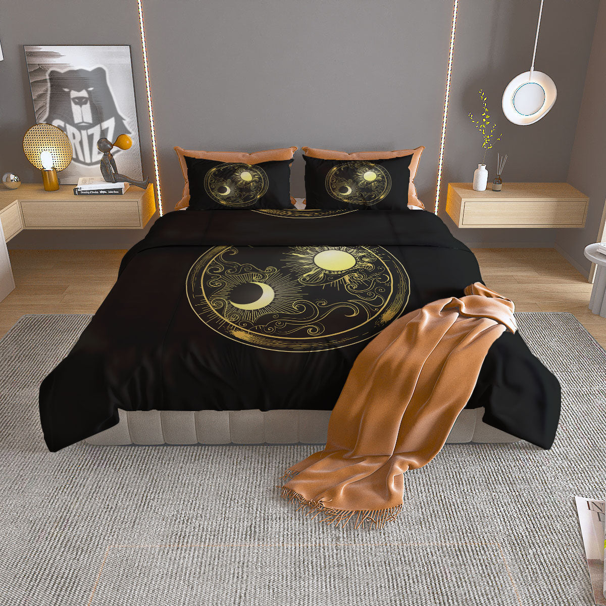 Sun And Gold Moon Print Duvet Cover Bedding Set