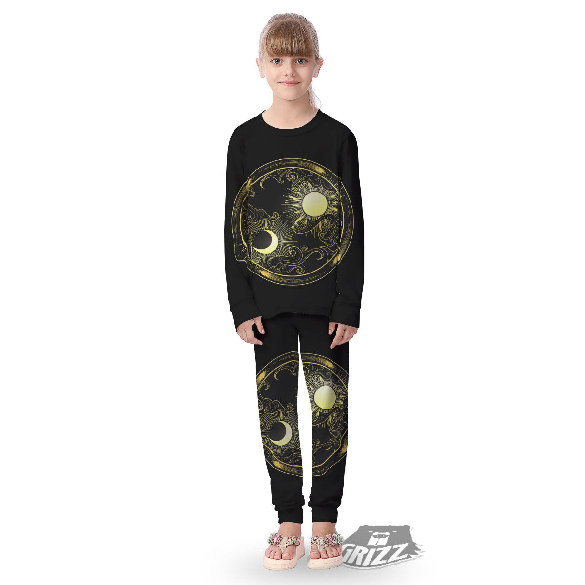 Sun And Gold Moon Print Kid's Pajamas-grizzshop