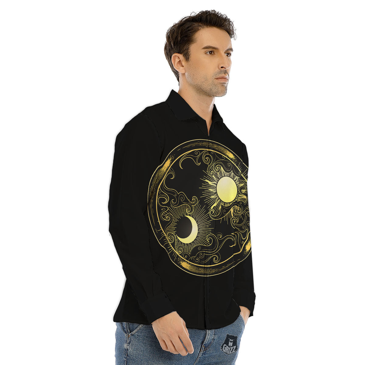 Sun And Gold Moon Print Men's Dress Shirts-grizzshop