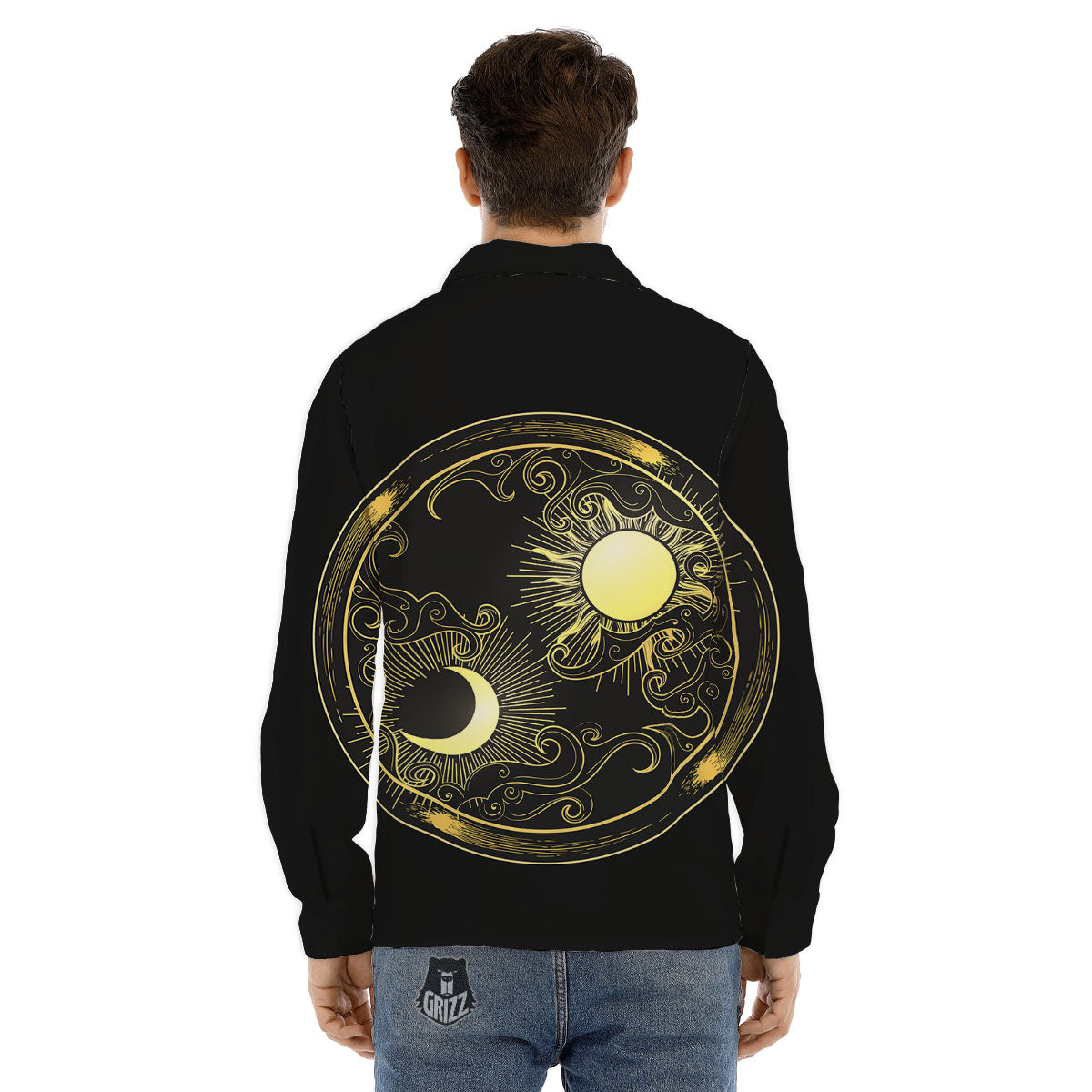Sun And Gold Moon Print Men's Dress Shirts-grizzshop