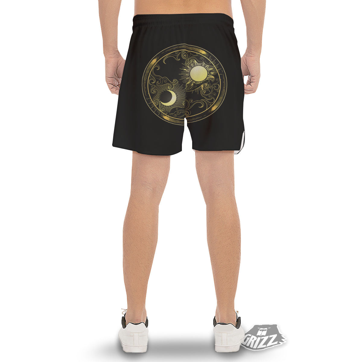 Sun And Gold Moon Print Men's Gym Shorts-grizzshop