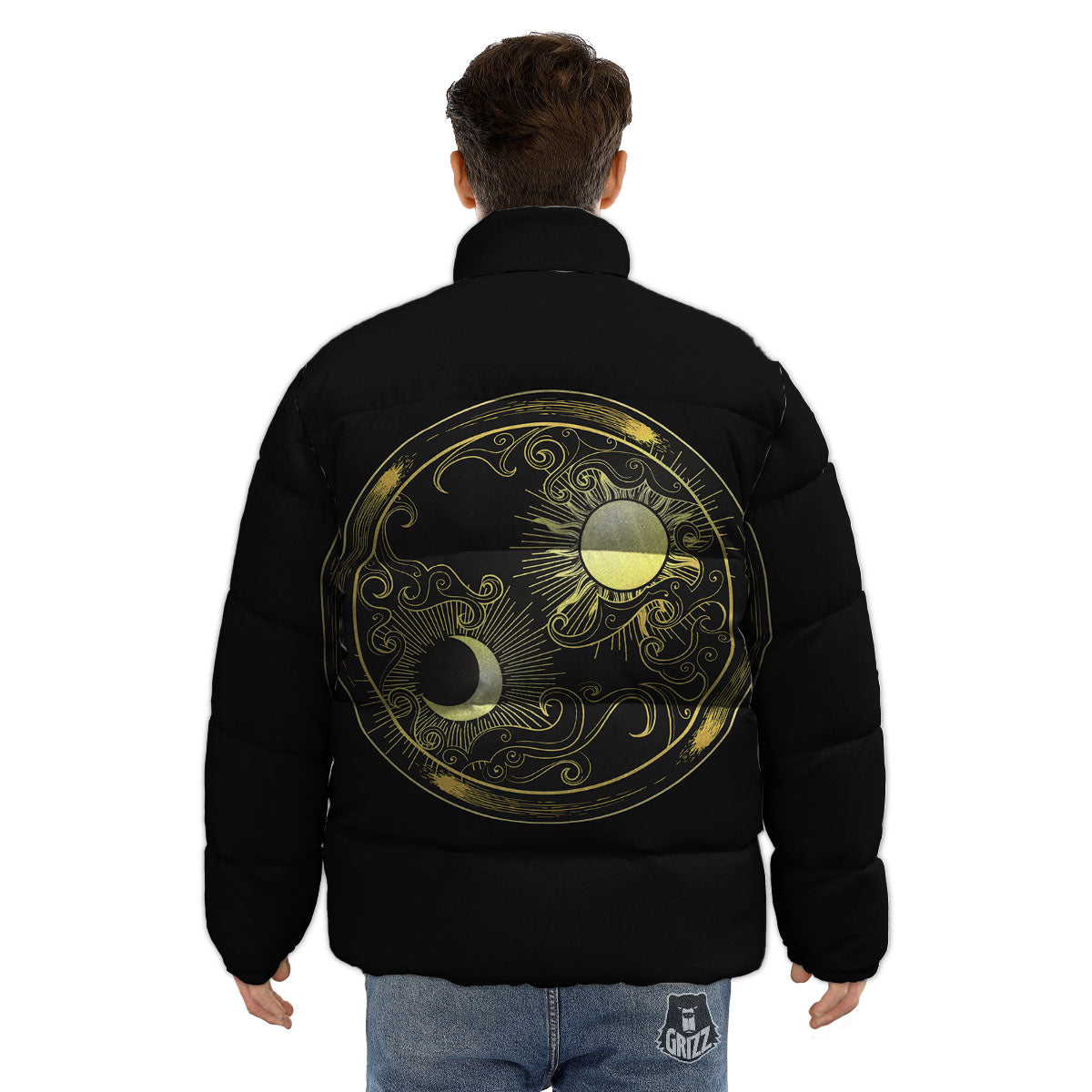 Sun And Gold Moon Print Puffer Jacket-grizzshop