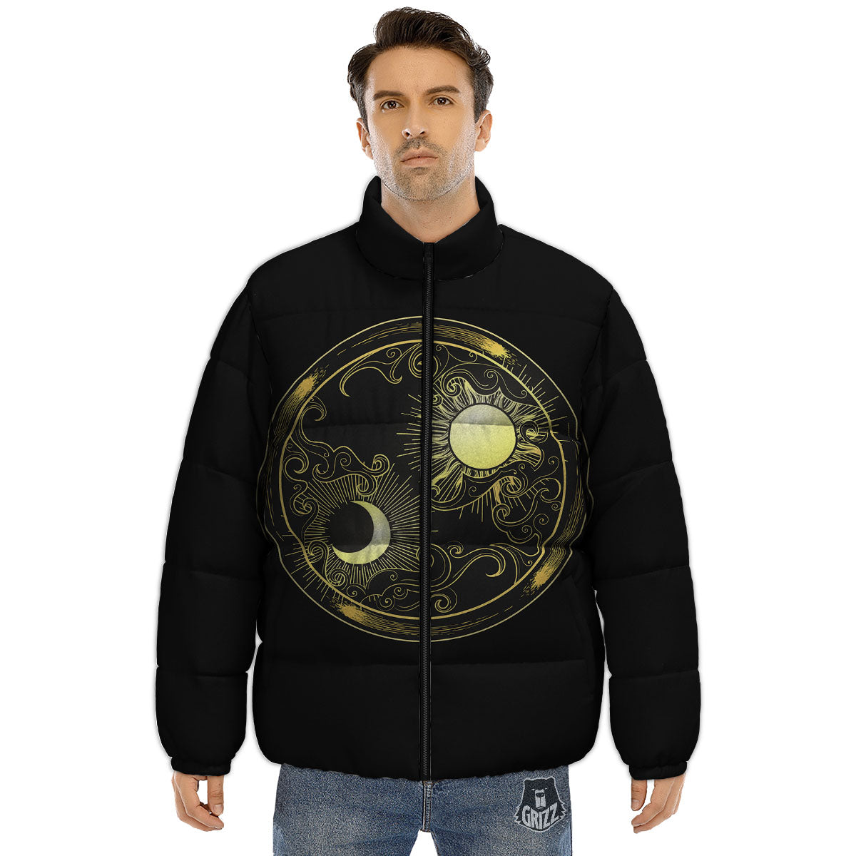 Sun And Gold Moon Print Puffer Jacket-grizzshop