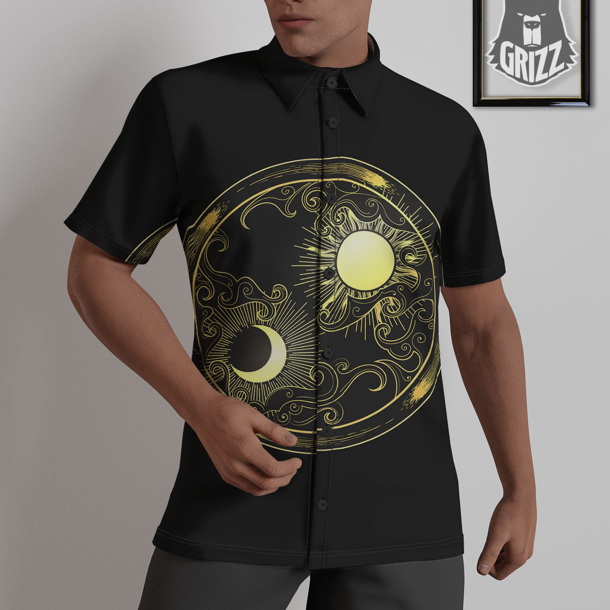 Sun And Gold Moon Print Untucked Shirts-grizzshop