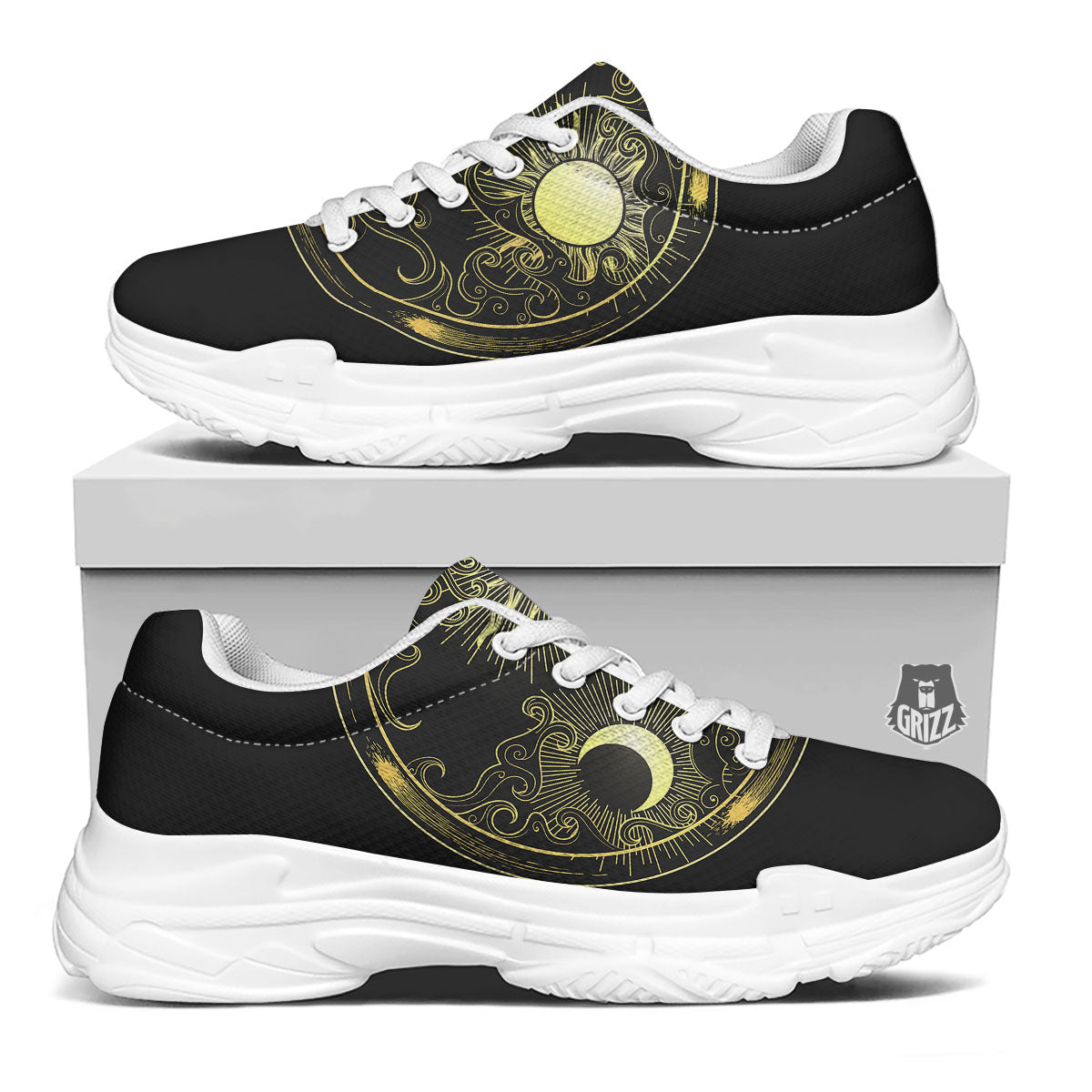 Sun And Gold Moon Print White Chunky Shoes-grizzshop
