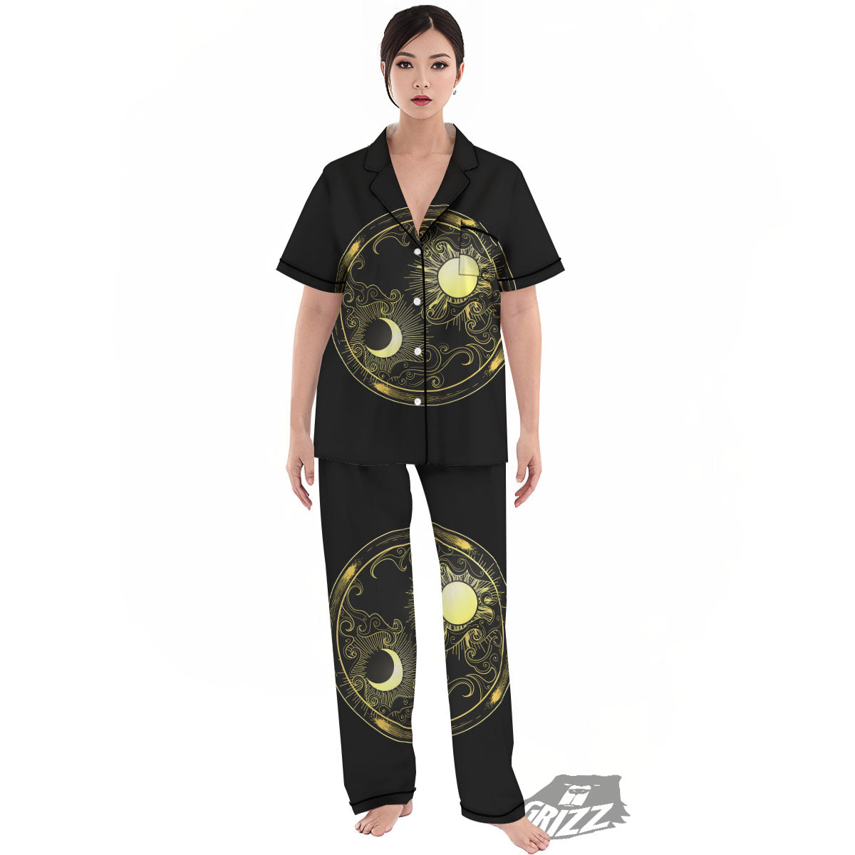 Sun And Gold Moon Print Women's Pajamas Set-grizzshop