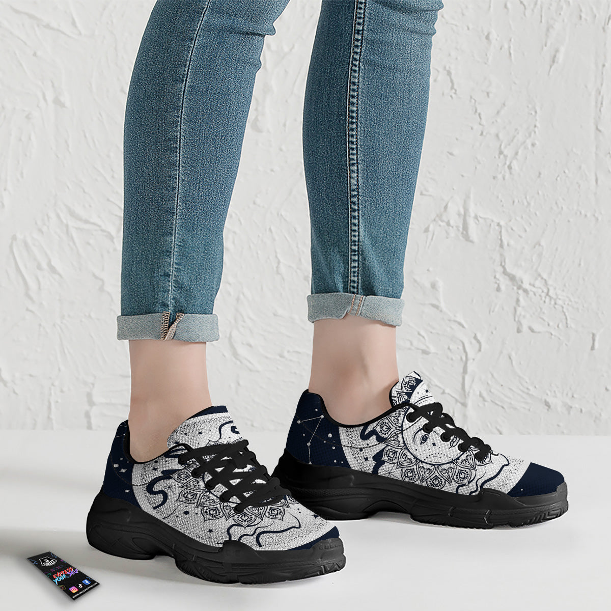 Sun And Moon Bohemian Celestial Print Black Chunky Shoes-grizzshop