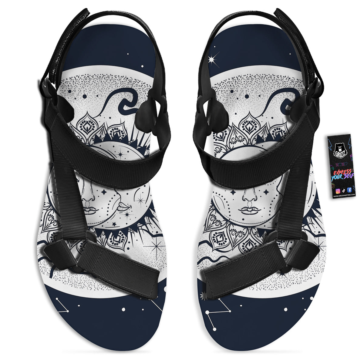 Sun And Moon Bohemian Celestial Print Black Open Toe Sandals-grizzshop