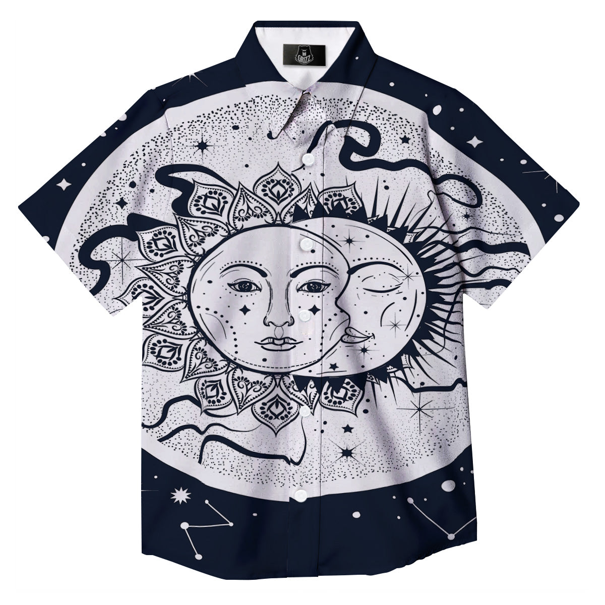 Sun And Moon Bohemian Celestial Print Button Up Shirt-grizzshop