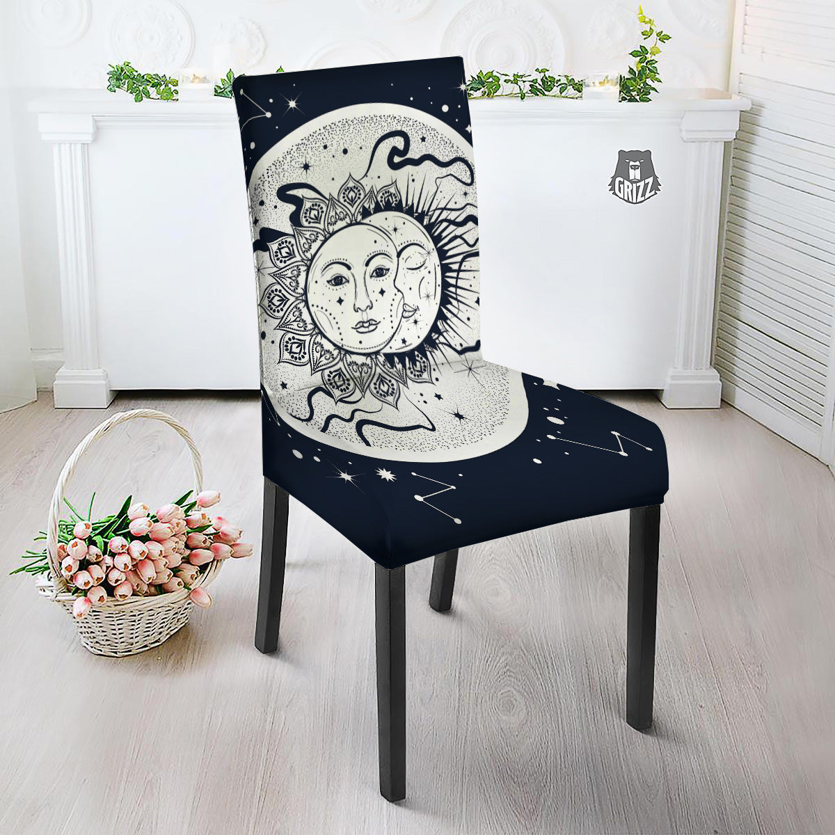Sun And Moon Bohemian Celestial Print Dining Chair Slipcover-grizzshop