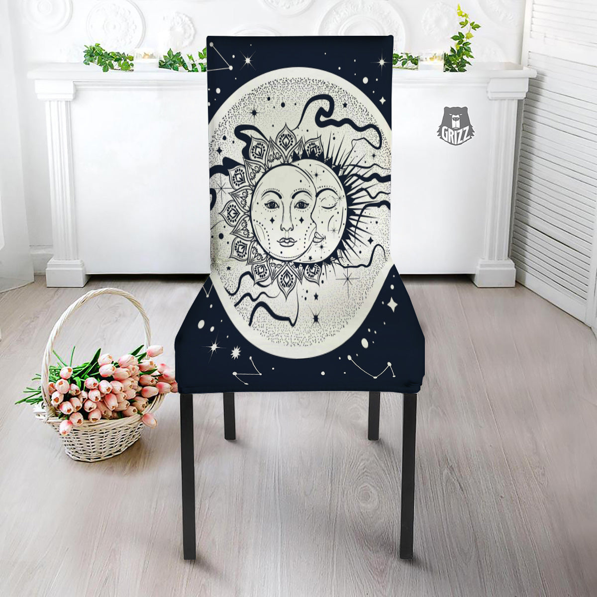 Sun And Moon Bohemian Celestial Print Dining Chair Slipcover-grizzshop