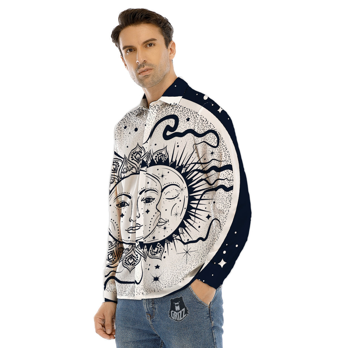 Sun And Moon Bohemian Celestial Print Men's Dress Shirts-grizzshop