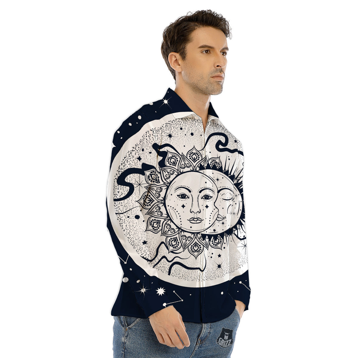 Sun And Moon Bohemian Celestial Print Men's Dress Shirts-grizzshop