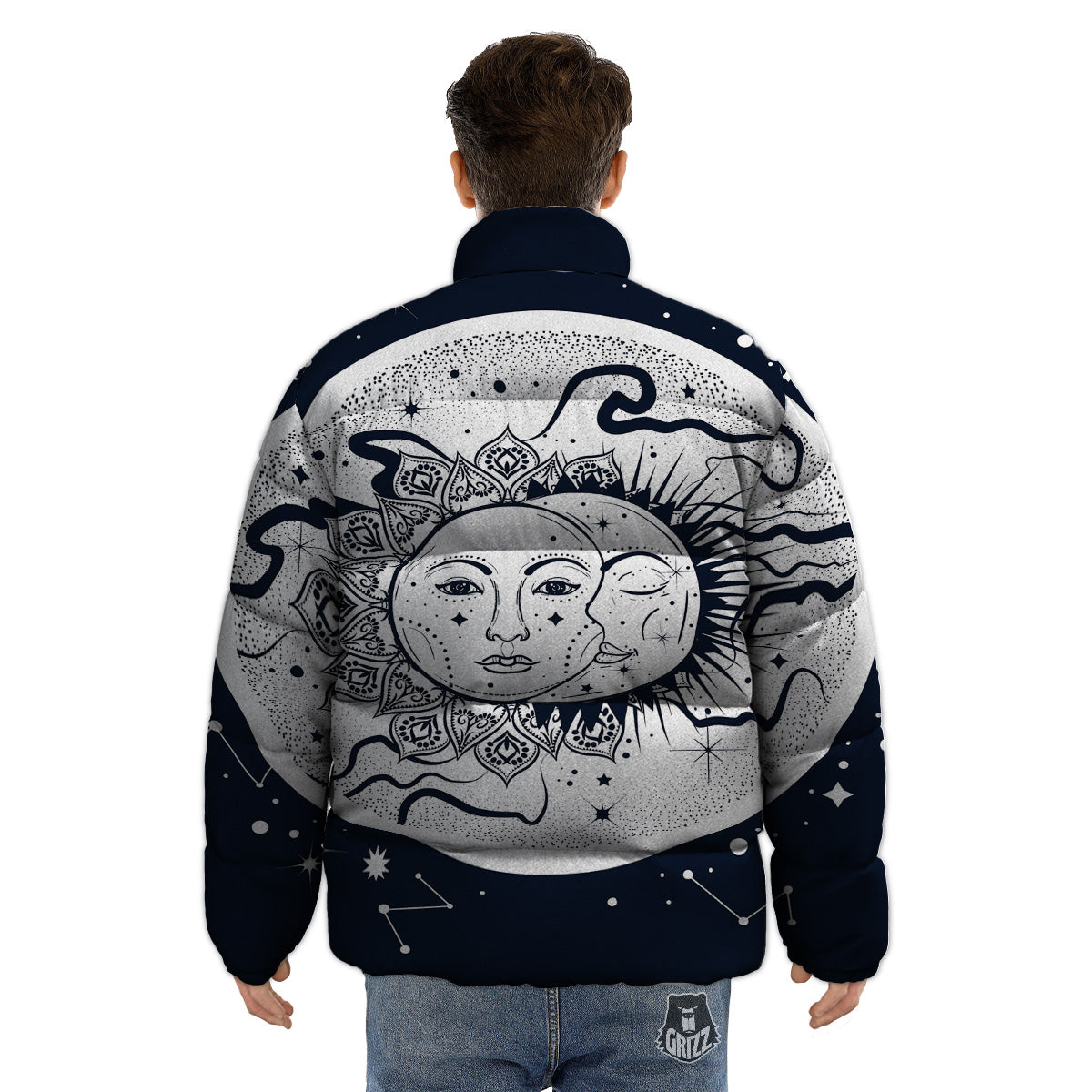 Sun And Moon Bohemian Celestial Print Puffer Jacket-grizzshop