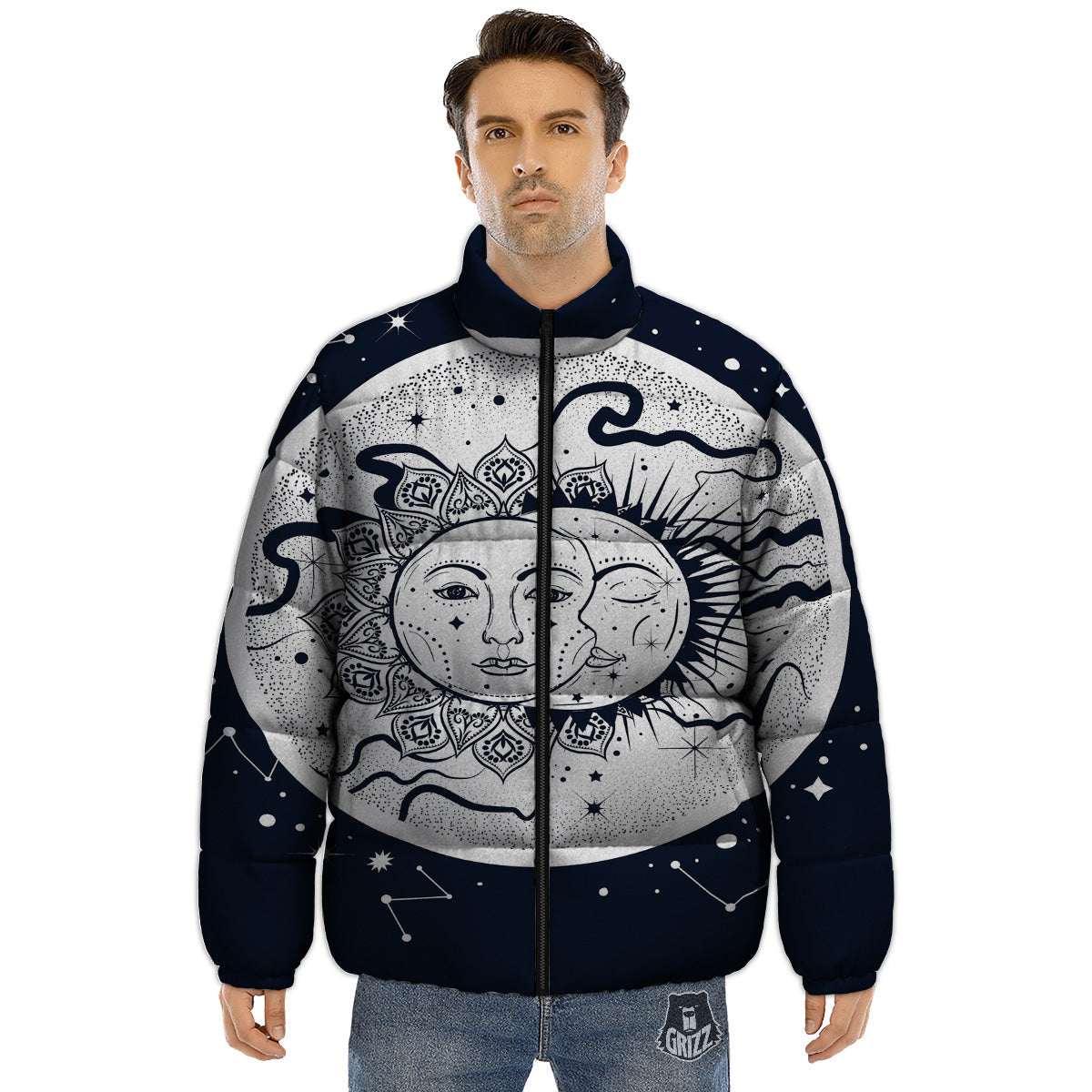 Sun And Moon Bohemian Celestial Print Puffer Jacket-grizzshop