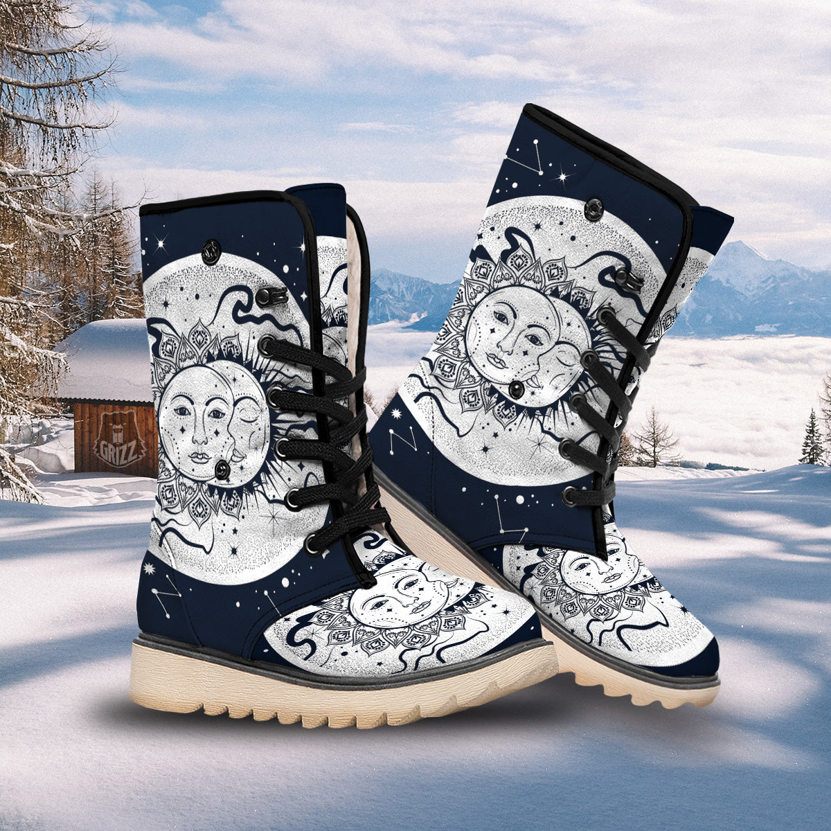 Sun And Moon Bohemian Celestial Print Snow Boots-grizzshop