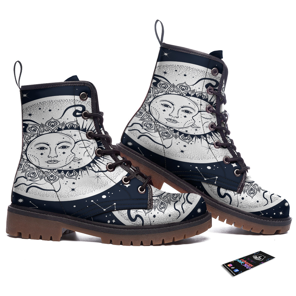 Sun And Moon Bohemian Celestial Print Work Boots-grizzshop