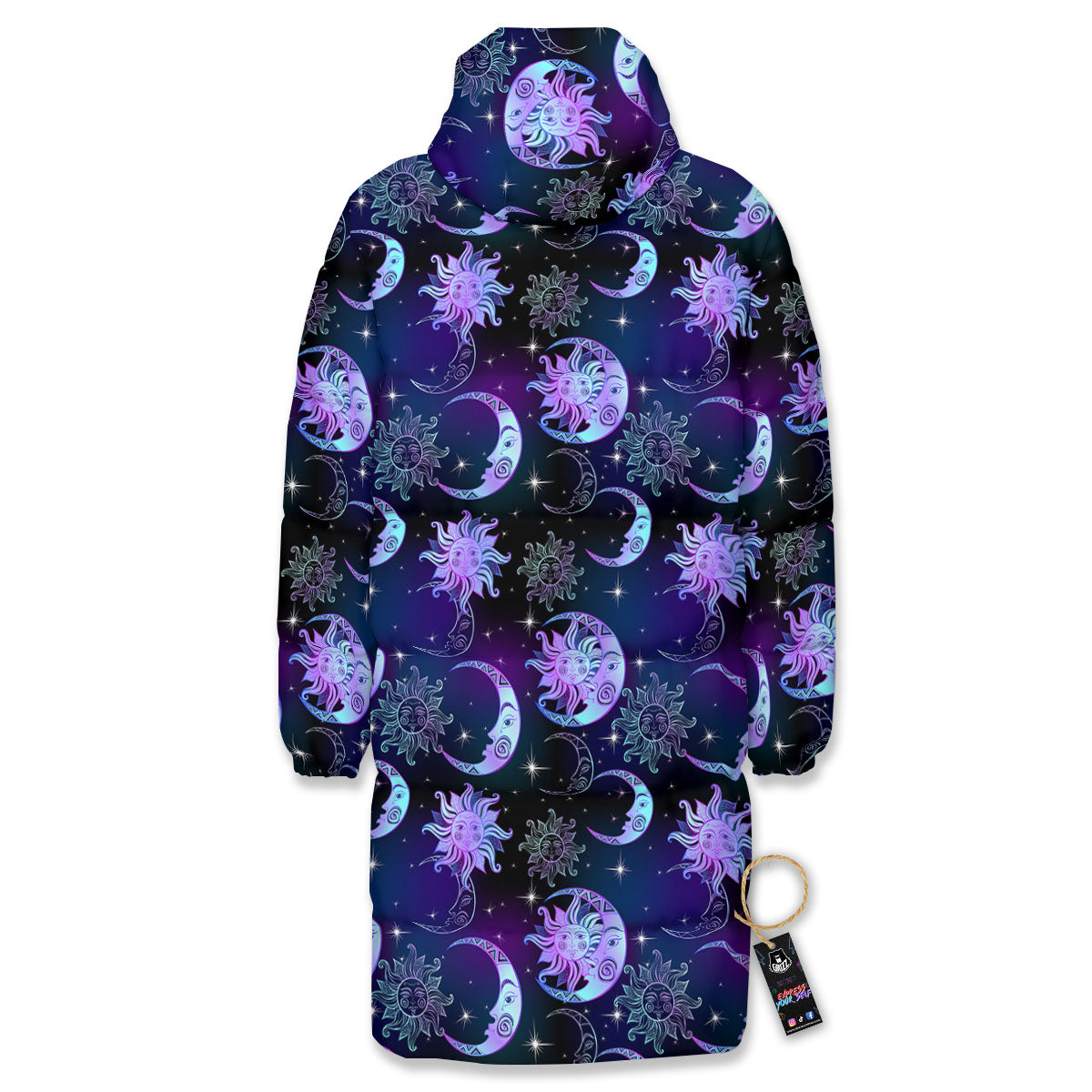 Sun And Moon Galaxy Celestial Print Long Down Jacket-grizzshop