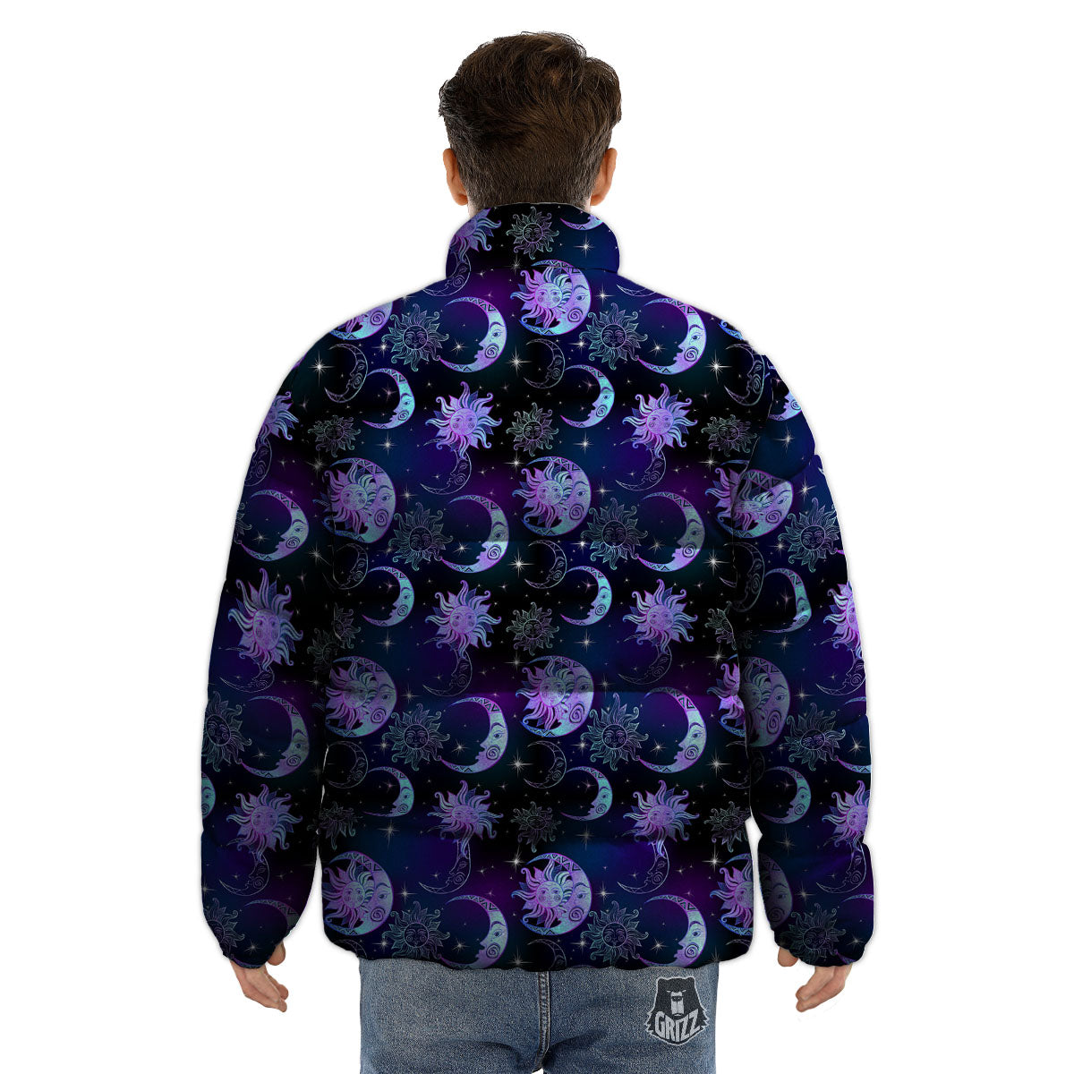 Sun And Moon Galaxy Celestial Print Puffer Jacket-grizzshop