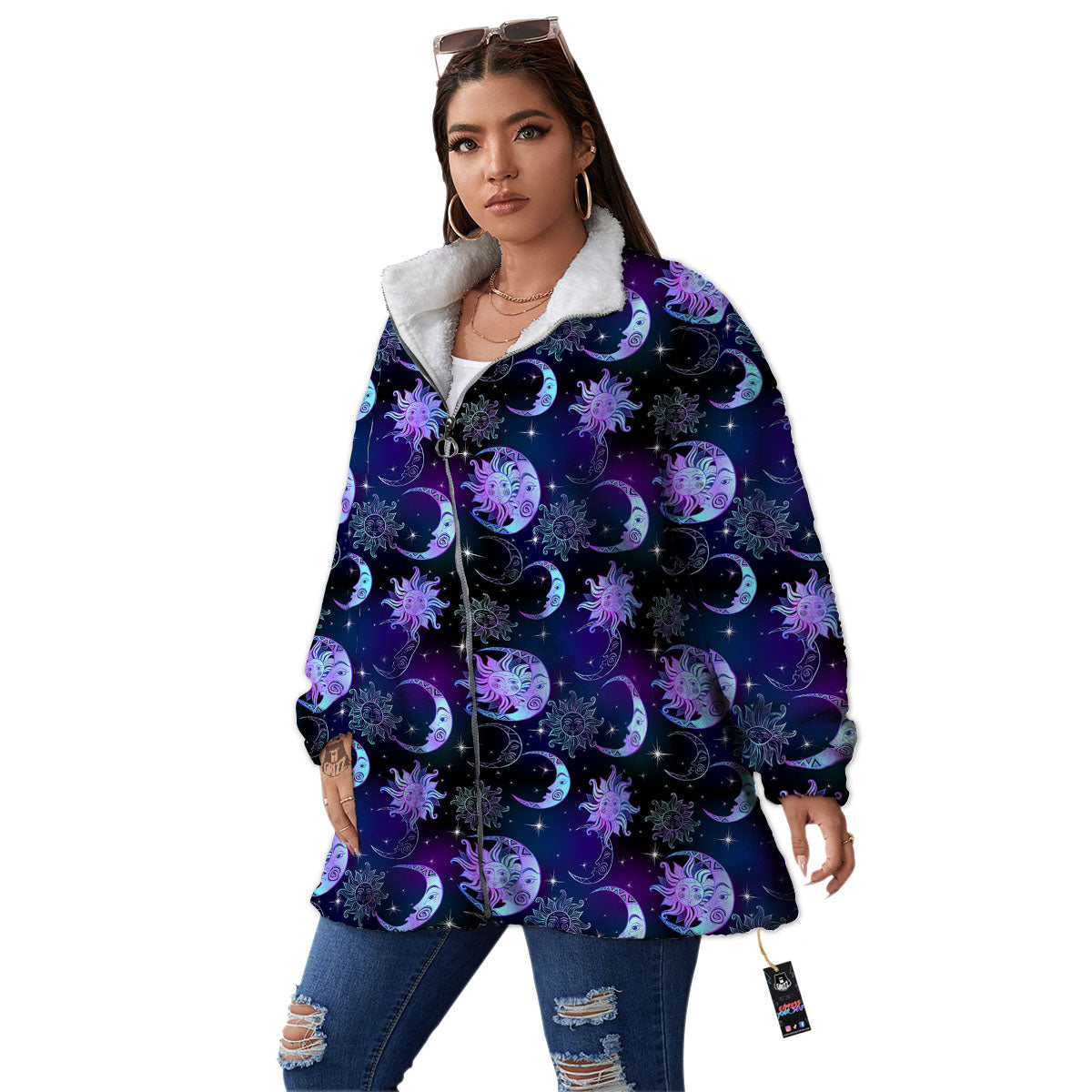 Sun And Moon Galaxy Celestial Print Women's Sherpa Jacket-grizzshop
