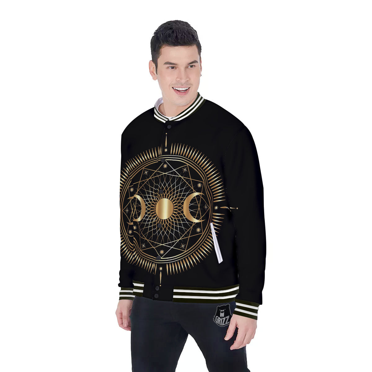 Sun And Moon Geometric Celestial Print Baseball Jacket-grizzshop